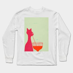 Sipping Kitty Retro Poster Vintage Art Cocktail Wall Orange Pink Illustration Long Sleeve T-Shirt